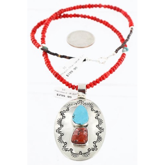 Large HANDMADE Certified Authentic Navajo Nickel Beauty Turquoise and CORAL Native American Necklace 371104957476