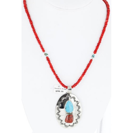 Large HANDMADE Certified Authentic Navajo Nickel Beauty Turquoise and CORAL Native American Necklace 371104957476