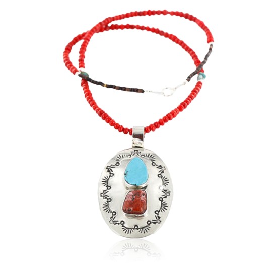Large HANDMADE Certified Authentic Navajo Nickel Beauty Turquoise and CORAL Native American Necklace 371104957476
