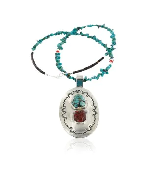 Large HANDMADE Certified Authentic Navajo Nickel CORAL and Turquoise Native American Necklace 371115142357