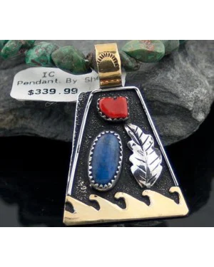 Large Handmade Leaf Certified Authentic Navajo .925 Sterling Silver 12kt Gold Filled Lapis and Coral Native American Necklace 370799109338