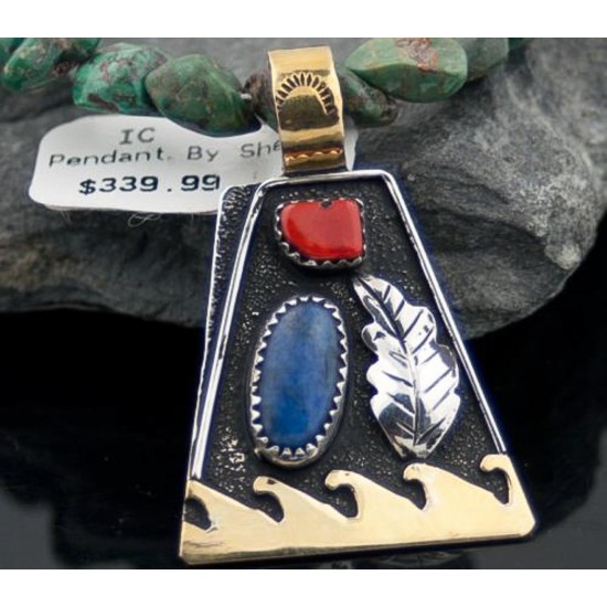 Large Handmade Leaf Certified Authentic Navajo .925 Sterling Silver 12kt Gold Filled Lapis and Coral Native American Necklace 370799109338