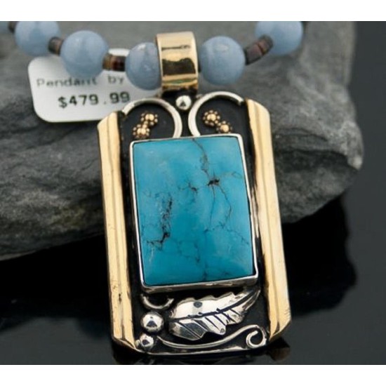 Large Handmade LeafCertified Authentic Navajo .925 Sterling Silver 12kt Gold Filled Turquoise 0384 Native American Necklace 370797836041