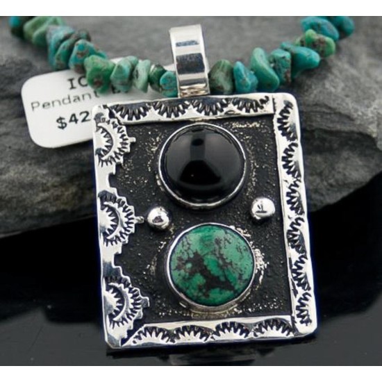 Large Handmade Mountain Certified Authentic Navajo Native .925 Sterling Silver Black Onyx and Turquoise Native American Necklace 370787055084