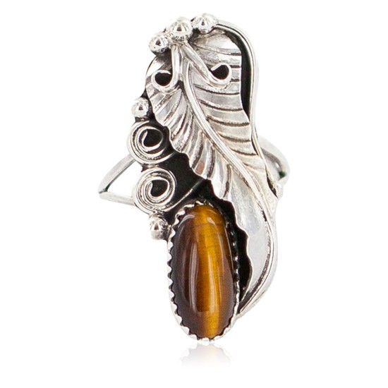 Leaf Navajo .925 Sterling Silver Certified Authentic Handmade Natural Tigers Eye Native American Ring Size 8 13116-2
