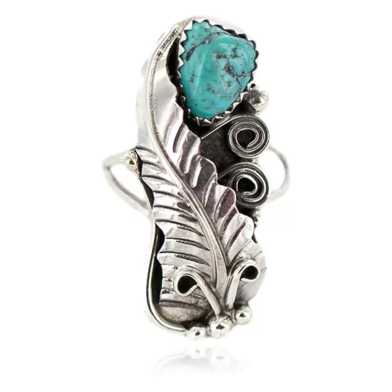 Leaf Navajo .925 Sterling Silver Certified Authentic Handmade Natural Turquoise Native American Ring Size 7 13089-1 Leaf Navajo .925 Sterling Silver Certified Authentic Handmade Natural Turquoise Native American Ring Size 7 13089-1