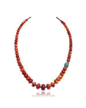 Limited Edition Natural Turquoise and Apple Sponge Coral .925 Sterling Silver Certified Authentic Navajo Native American Necklace 25570