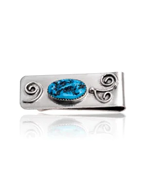 Natural Turquoise .925 Sterling Silver and Nickel Certified Authentic Navajo Handmade Native American Money Clip 11264-8