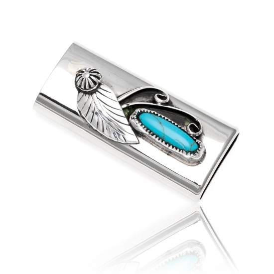 Natural Turquoise .925 Sterling Silver and Nickel Certified Authentic Navajo Native American Handmade Flower Leaf Lighter Case 18334