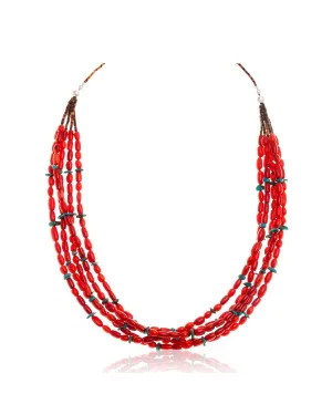 Natural Turquoise and Coral .925 Sterling Silver Certified Authentic Navajo Native American 5 Strand Necklace  25278-0