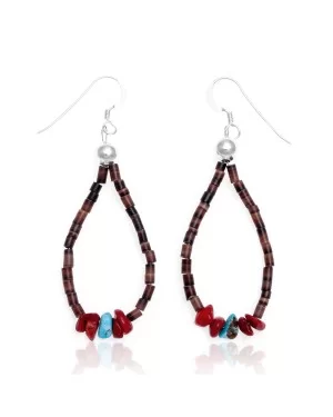 Natural Turquoise and Coral .925 Sterling Silver Hooks Certified Authentic Navajo Native American Hoop Dangle Earrings 18337