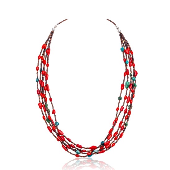Natural Turquoise and Coral Certified Authentic Navajo .925 Sterling Silver Native American 5 Strand Necklace 370990894086 Natural Turquoise and Coral Certified Authentic Navajo .925 Sterling Silver Native American 5 Strand Necklace 370990894086