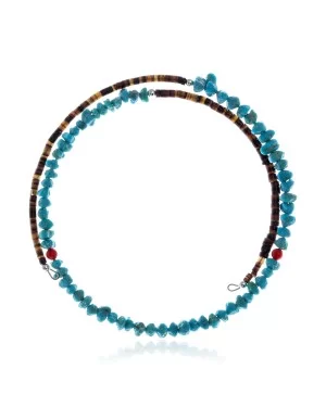 Natural Turquoise and Coral Certified Authentic Navajo Native American Adjustable Choker Wrap Necklace 25581