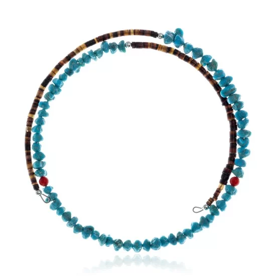 Natural Turquoise and Coral Certified Authentic Navajo Native American Adjustable Choker Wrap Necklace 25581 Natural Turquoise and Coral Certified Authentic Navajo Native American Adjustable Choker Wrap Necklace 25581
