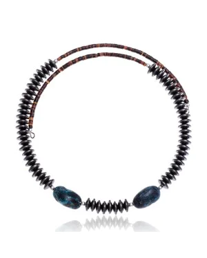 Natural Turquoise and Hematite Certified Authentic Navajo Native American Adjustable Choker Wrap Necklace and Chain 25560