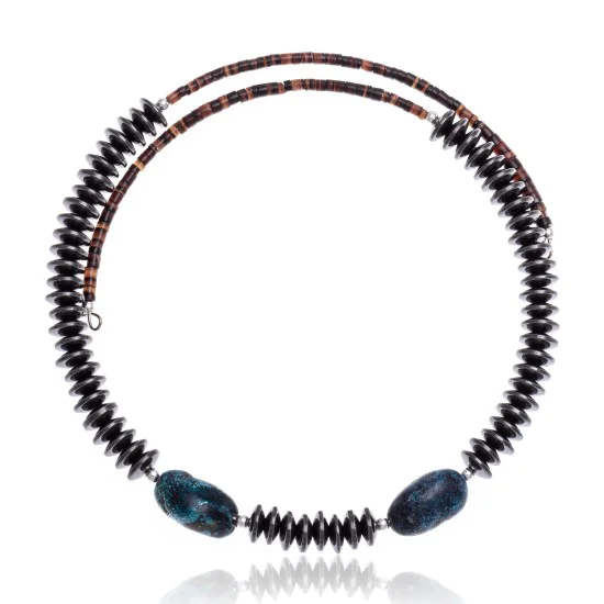 Natural Turquoise and Hematite Certified Authentic Navajo Native American Adjustable Choker Wrap Necklace and Chain 25560 Natural Turquoise and Hematite Certified Authentic Navajo Native American Adjustable Choker Wrap Necklace and Chain 25560