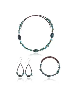 Natural Turquoise Certified Authentic Navajo Native American Adjustable Bracelet Choker Necklace and Dangle Earrings Set 25498-12732-14-13009