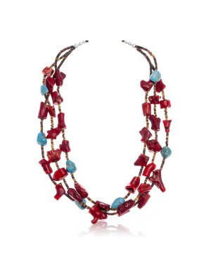 Natural Turquoise, Coral .925 Sterling Silver Certified Authentic Navajo Native American 3 Strand Necklace 25507