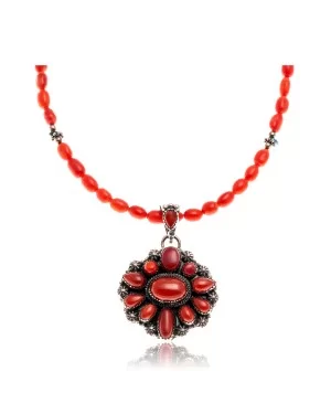 Natural Turquoise Coral Red Jasper .925 Sterling Silver Certified Authentic Navajo Native American Necklace 24520-17029