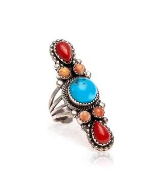 Natural Turquoise Red Spiny Oyster Orange Spiny Oyster .925 Sterling Silver Certified Authentic Navajo Native American Handmade Ring 13210-1