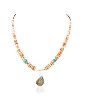 Navajo .925 Sterling Silver Certified Authentic Natural Graduated Spiny Oyster and Turquoise Native American Necklace 16061-1