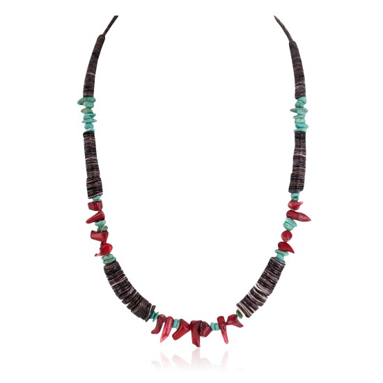 Navajo .925 Sterling Silver Certified Authentic Natural Turquoise Graduated Heishi Coral Native American Necklace 18240-2 Navajo .925 Sterling Silver Certified Authentic Natural Turquoise Graduated Heishi Coral Native American Necklace 18240-2