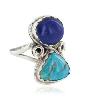 Navajo .925 Sterling Silver Handmade Certified Authentic Natural Turquoise Lapis Native American Ring 18187-101