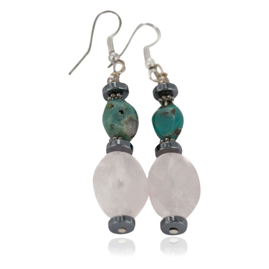 Navajo .925 Sterling Silver Hooks Certified Authentic Natural Turquoise Pink Quartz Hematite Native American Dangle Earrings 18252-2
