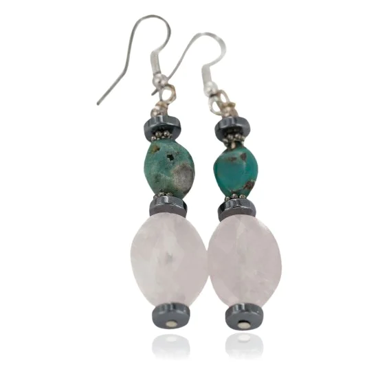 Navajo .925 Sterling Silver Hooks Certified Authentic Natural Turquoise Pink Quartz Hematite Native American Dangle Earrings 18252-2 Navajo .925 Sterling Silver Hooks Certified Authentic Natural Turquoise Pink Quartz Hematite Native American Dangle Earrings 18252-2