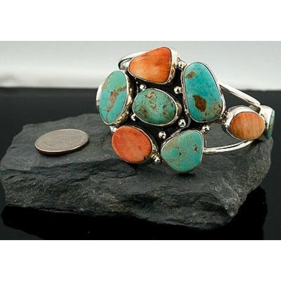 Navajo 925 Sterling Silver Turquoise and Spiny Oyster Certified Authentic Native American Cuff Bracelet 251081742838 All Products 251081742838 251081742838 (by LomaSiiva)