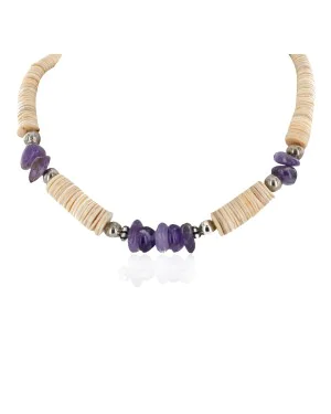 Navajo Certified Authentic .925 Sterling Silver Natural Graduated Melon Shell Amethyst Native American Necklace 25275