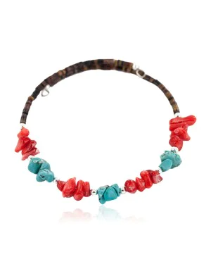 Navajo Certified Authentic Natural Turquoise Heishi Coral Native American Adjustable Wrap Bracelet 13151-67