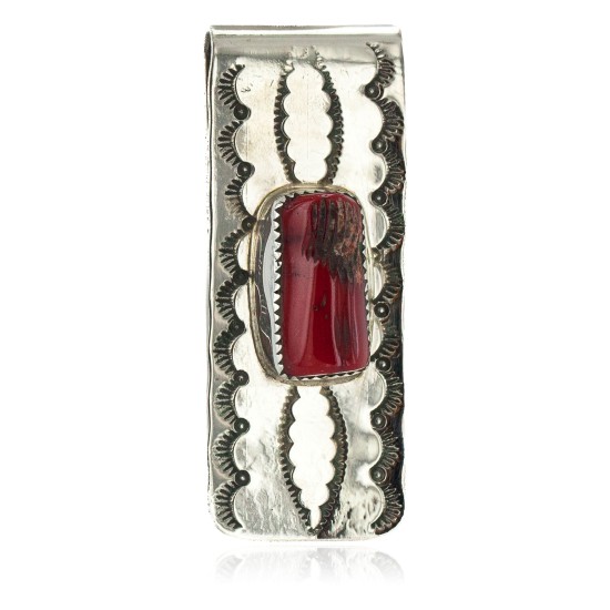 Navajo Handmade Certified Authentic .925 Sterling Silver Coral Native American Nickel Money Clip 10533-5