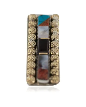Navajo Handmade Certified Authentic .925 Sterling Silver Inlaid Natural Black Onyx Spiny Oyster Turquoise Mother of Pearl Native American Nickel and Brass Money Clip 91003-2 Navajo Handmade Certified Authentic .925 Sterling Silver Inlaid Natural Black Onyx Spiny Oyster Turquoise Mother of Pearl Native American Nickel and Brass Money Clip 91003-2