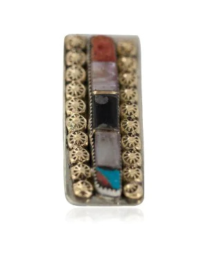 Navajo Handmade Certified Authentic .925 Sterling Silver Inlaid Natural Black Onyx Spiny Oyster Turquoise Mother of Pearl Native American Nickel and Brass Money Clip 91003-4 Navajo Handmade Certified Authentic .925 Sterling Silver Inlaid Natural Black Onyx Spiny Oyster Turquoise Mother of Pearl Native American Nickel and Brass Money Clip 91003-4