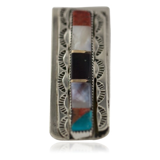 Navajo Handmade Certified Authentic .925 Sterling Silver Inlaid Natural Mother of Pearl Black Onyx Spiny Oyster Turquoise Native American Nickel Money Clip 91003-1