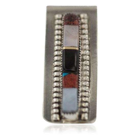 Navajo Handmade Certified Authentic .925 Sterling Silver Inlaid Natural Mother of Pearl Black Onyx Spiny Oyster Turquoise Native American Nickel Money Clip 91003-8