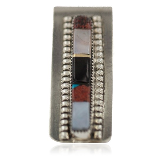 Navajo Handmade Certified Authentic .925 Sterling Silver Inlaid Natural Mother of Pearl Black Onyx Spiny Oyster Turquoise Native American Nickel Money Clip 91003-8 Navajo Handmade Certified Authentic .925 Sterling Silver Inlaid Natural Mother of Pearl Black Onyx Spiny Oyster Turquoise Native American Nickel Money Clip 91003-8