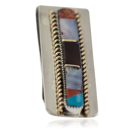 Navajo Handmade Certified Authentic .925 Sterling Silver Inlaid Natural Mother of Pearl Spiny Oyster Red Jasper Turquoise Native American Nickel Money Clip 91003-6