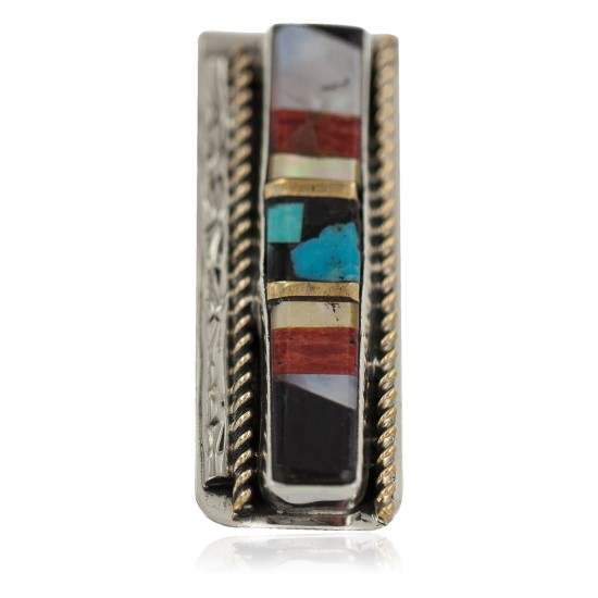 Navajo Handmade Certified Authentic .925 Sterling Silver Inlaid Natural Spiny Oyster Turquoise Mother of Pearl Black Onyx Native American Nickel Money Clip 91001-7