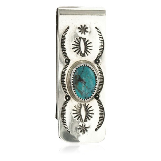 Navajo Handmade Certified Authentic .925 Sterling Silver Natural Turquoise Native American Nickel Money Clip 10533-3