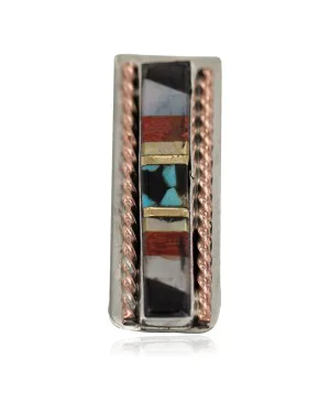 Navajo Handmade Certified Authentic Pure .925 Sterling Silver Copper Inlaid Natural Turquoise Mother of Pearl Spiny Oyster Black Onyx Native American Nickel Money Clip 91001-4