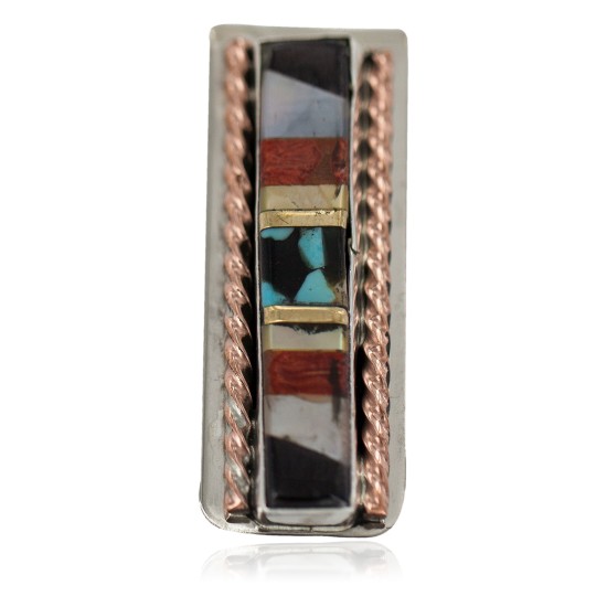 Navajo Handmade Certified Authentic Pure .925 Sterling Silver Copper Inlaid Natural Turquoise Mother of Pearl Spiny Oyster Black Onyx Native American Nickel Money Clip 91001-4