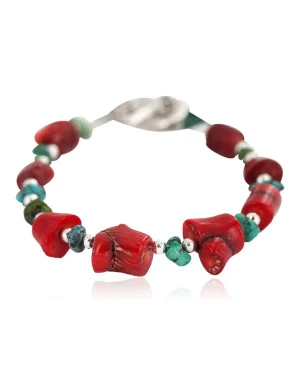 Navajo Nickel Certified Authentic Natural Turquoise Coral Native American Bracelet 13176