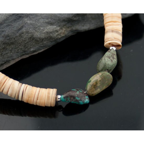 NiceCertified Authentic Navajo .925 Sterling Silver Graduated Melon Shell and Turquoise Native American Necklace 15262-50 NiceCertified Authentic Navajo .925 Sterling Silver Graduated Melon Shell and Turquoise Native American Necklace 15262-50