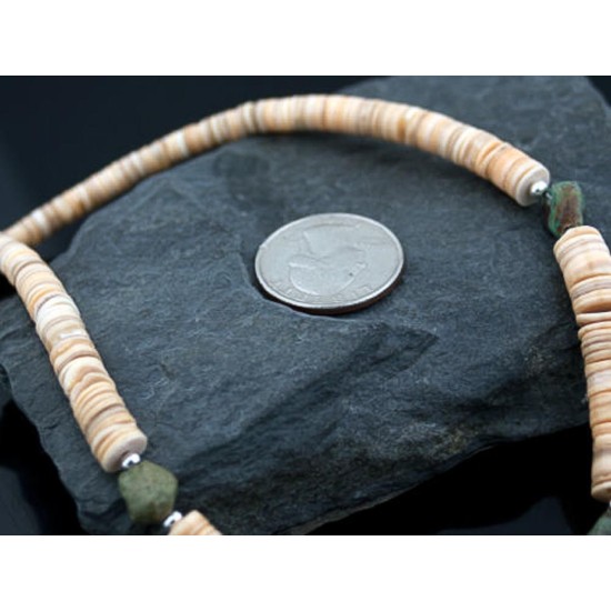 NiceCertified Authentic Navajo .925 Sterling Silver Graduated Melon Shell and Turquoise Native American Necklace 15262-50 NiceCertified Authentic Navajo .925 Sterling Silver Graduated Melon Shell and Turquoise Native American Necklace 15262-50