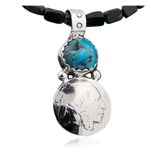 OLD Indian Head Buffalo Coin Certified Authentic Navajo .925 Sterling Silver Natural Turquoise and Black Onyx Native American Necklace 390587495461 OLD Indian Head Buffalo Coin Certified Authentic Navajo .925 Sterling Silver Natural Turquoise and Black Onyx Native American Necklace 390587495461