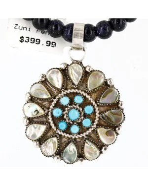 Petit Point Handmade Certified Authentic Zuni .925 Sterling Silver Abalone and Turquoise Native American Necklace 390762726320