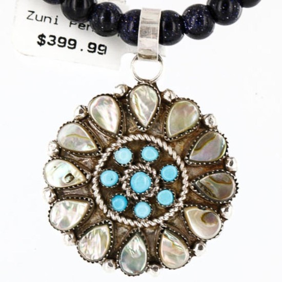Petit Point Handmade Certified Authentic Zuni .925 Sterling Silver Abalone and Turquoise Native American Necklace 390762726320