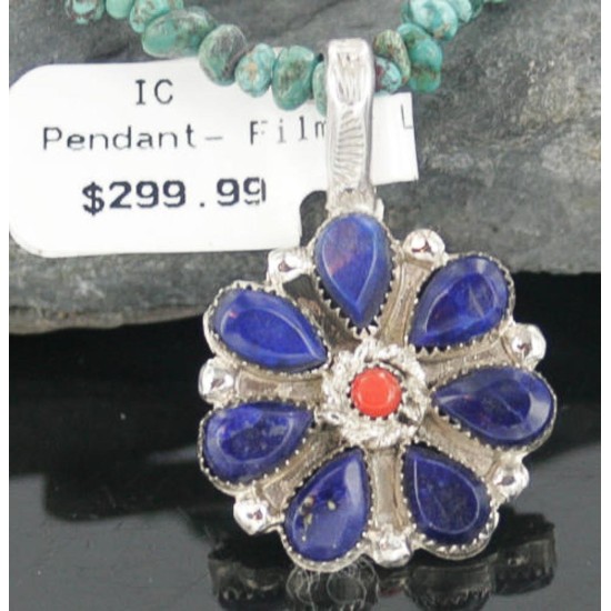 Petit Point Handmade Certified Authentic Zuni .925 Sterling Silver Lapis, Coral and Turquoise Native American Necklace 390659683293